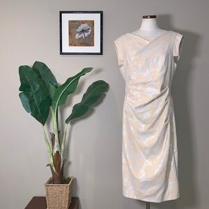 NWOT Adrianna Papell Leaf Jacquard Draped Dress, Champagne Cream, Size 16